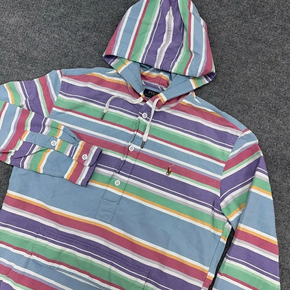 Polo Ralph Lauren Hoodie Mens M Striped‎ Pastel Flesh Pony Pullover Shirt Anorak